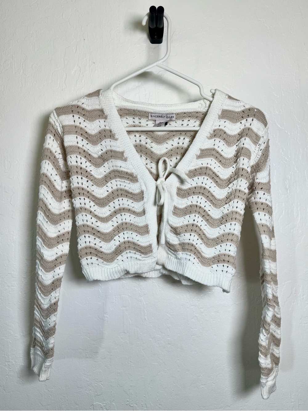 Sincerely Jules Beige & White Tie-Front Crochet Crop Sweater